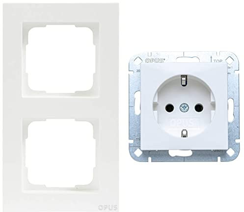 OPUS® 55 Kubus Abdeckrahmen Ausführung 2-fach, Farbe polarweiß-seidenmatt & ® 55 Schutzkontakt-Steckdose premium ohne Berührungsschutz Farbe polarweiß