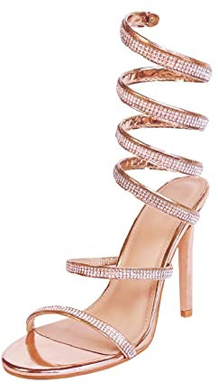 Baffoloo Womens's Rhinestone Sandals Sparkly Heels for Women Ankle Wrap Up Strappy Shoes, Rose Gold, 6 UK