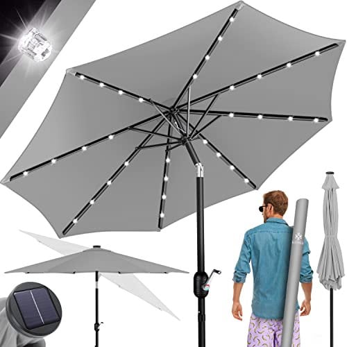 KESSER® Sonnenschirm Balkonschirm Rund LED Solar mit Kurbel Inkl. 2in1 Schutzhülle, Gartenschirm, Schirm Ø 265 cm für Balkon Garten & Terrasse verstellbar knickbar Hellgrau