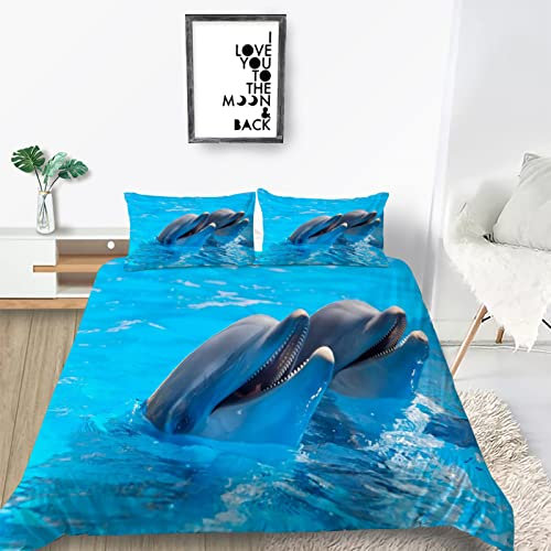 Bettwäsche 135x200 LäChelnder Delfin 3D Druck Bettbezüge und 2 Kissenbezug 80x80 Kuschelig Atmungsaktive Bettwäsche Set 3 Teilig mit Reißverschluss für Kinder Jungen Mädchen Teenager