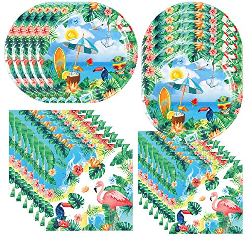 Frerand Set di 40 decorazioni estive per feste in spiaggia, include 20 piatti hawaiani Aloha e 20 tovaglioli per la decorazione estiva per feste in spiaggia