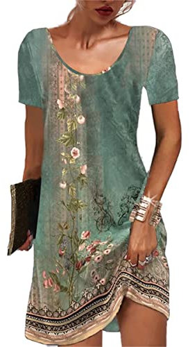 GRMLRPT Femme Manches Courtes Col Rond Robe Bohème Fleurie MiniRobe Robe Fleurie Imprimé Libre Tunique Robe Loisir(Vert,L)