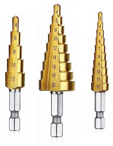 Monzeen MONZEEN 3PCS Foret Fraise Meche Etage, HSS Inox Metal, 4-12/4-20/3-12 mm, Triangle Conique Titane, avec Tige Hexagone, Pour Visseuse Percage sur Acier, Laiton, Bois, Plastique