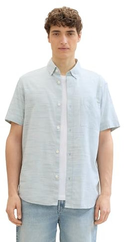 TOM TAILOR Denim Herren Sommer Kurzarm-Hemd mit Brusttasche, white navy green structure, XXL