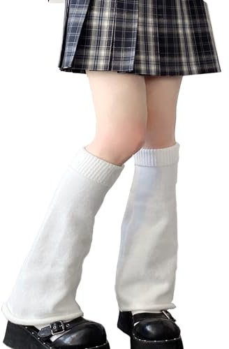 Golden Apple Knitted Leg Warmers Gyaru Gothic Punk Knee High Stockings Sports Yoga Thermal Legwarmers Boots Cuff Warmer for Women Girls (White)