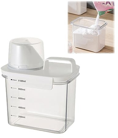 Aicharynic Distributeur de lessive de 1100 ml avec verre doseur, boîte de rangement de poudre hermétique réutilisable pour bouteilles vides de lessive en poudre - Distributeur de poudre à lessive