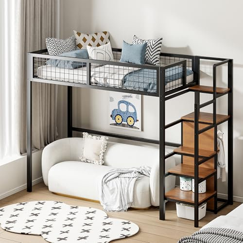 KecDuey Cama alta de 90 x 200 cm con escalera, cama infantil con marco de hierro y estante de almacenamiento, armario, litera con somier (negro)