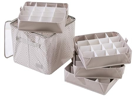 Periea 'Carol' Christmas Bauble Storage Box with 64 Slots: Collapsible with Metal Frames, Dividers, and Zippered Closure - Ideal for Delicate Xmas Ornament Decorations & Baubles - Silver Geo