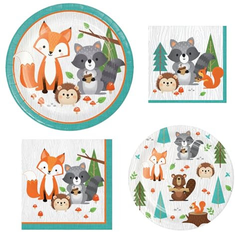 Woodland Animals Party Supplies for 16 People | Bundle Includes Paper Plates and Napkins | Wild One Woodland Animals Design