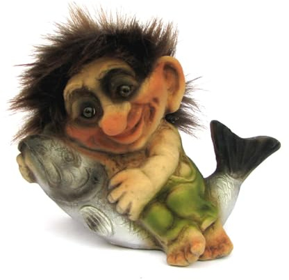 Troll Troll sitzt auf Fisch, original norwegischer NyForm Troll mit Zertifikat, 12cm