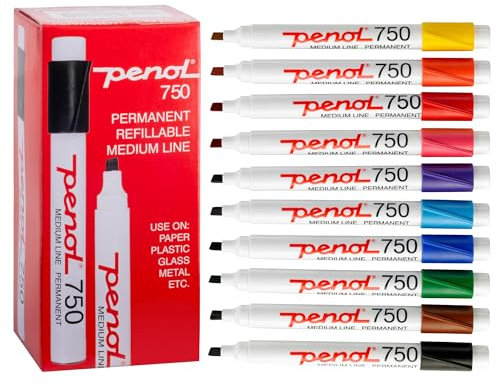 PENOL Permanent Marker Pens, 10 Marker Pens in Multicolor 0750, 2-5mm Chisel Tip Coloured Marker Pens with Nordic Swan Ecolabel, Quick Dry and Fade Resistant Ink Based on Alcohol | Markers for Artwork
