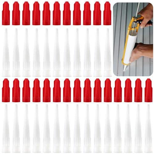 25 Pcs Silicone Tube Nozzles & 25 Pcs Red Caps, Silicone Caulking Nozzles Set for Silicone Sealant Nozzles, Caulk Nozzles Applicator for Caulking Gun Tips, Mastic Cartridge Spare Nozzles
