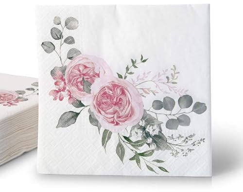 ECOFIESTA 20x serviettes de table pour anniversaires 33 cm roses & eucalyptus - decoration evjf absorbant et recyclable - serviette anniversaire