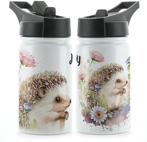 Hairyworm Personalised Water Bottle, 350ml White Sports Flask with Straw Cap Flip Lid, Stainless Steel, Customised with Initial/Name, Flower Daisy Hedgehog Drink Bottle