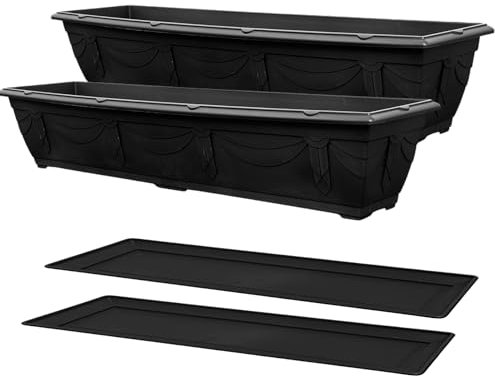 VR7 90cm Long Garden Planters 2 Pack Durable Plastic Trough for Raised Window Planting - Ideal for Flowers, Herbs, and Vegetables (Black, Including Trays)
