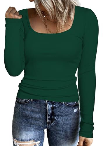 Aottori Maglietta Donna Manica Lunga Elegante T-Shirt Girocollo Autunno Top in Maglia Elasticizzato Casual Tee Shirt Slim Fit Tinta Unita Verde L