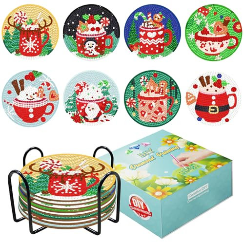 FYting 8 Piezas Posavasos,Manualidades Adultos,Diamantes para Manualidades,Posavasos Redondo de Postre Navideño de Bricolaje, Papá Noel, Alce, Pingüino, Muñeco de Nieve (Navidad)