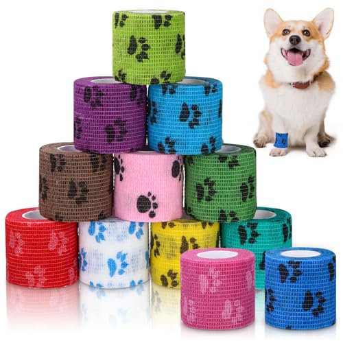 Selbstklebender Verband Hund,12 Stück Selbstklebende Bandage für hund Vet Wrap Pet Kohäsive Bandage Selbstklebender Verband Haustier Bandages Elastische Haftbandage für Handgelenk Knöchel Finger
