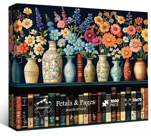 Wild Flowers Jigsaw Puzzles for Adults 1000 Pieces, PICKFORU Vintage Flower Book Puzzle, Wildflowers Pages Jigsaw Puzzles for Book Lovers, Floral Art Bookshelf Library Puzzle