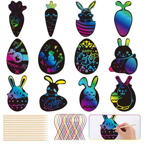 ARDFFA 48 Stück Ostern Kratzbilder-Set für Kinder – Magische Regenbogen-Scratch-Papiere mit Hasen, Küken, Karotten & Ostereiern, DIY Osterbasteln inkl, 12 Holzstiften und 48 Bändern als Party-Deko