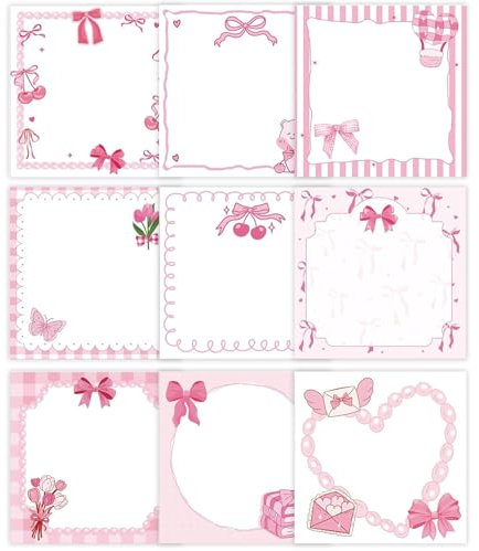 Sticky Notes Set 9 PCS Pink Bow Cute Sticky Notes 8 Styles Girly Self Adhesive Preppy Sticky Notes 3 x 3in Pink Party Favours (50 Sheets per Pad)