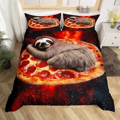 Homewish Faultier Bettwäsche 155x220 Kinder, Cartoon Lustiges Tier Bettbezug Set für Jungen Mädchen Erwachsene, Fast Food Pizza Galaxy Muster Schlafzimmer Dekor Bettwäscheset 2-Teiliges Mikrofaser