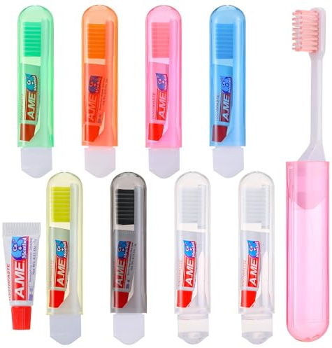 Apricitie 8 Stück Reisezahnbürste mit Zahnpasta, Klappbar Reise Zahnbürste | Zahnbürsten Travel Toothbrush Mini Weiche Zahnbürste für Unterwegs Reisen Kinder Erwachsene (Bunt)