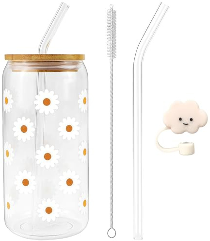 AuraFusion Gläser mit Deckel und Strohhalm – 1 Stück Blumenmotiv Glasbecher, Reinigungsbürste, Wolken-Deckel, Ästhetische Trinkgläser für Smoothies & Getränke