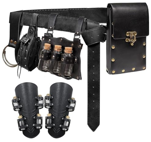 Viking Bracer Handgelenkschutz, Renaissance-Gürteltasche, Hexenflaschen-Fläschchen, Haken, Mittelalter-Festival, Kostüm, Zubehör, lässige Hüfttasche (Ampullen - Schwarz)
