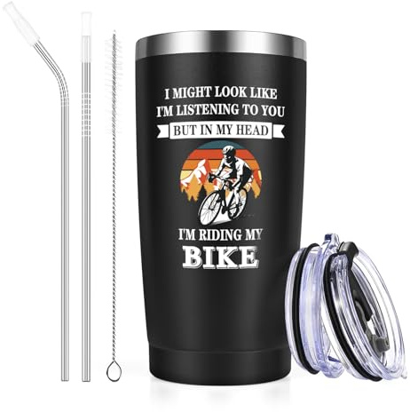 Livole Cycling Gifts for Men, Him, Biker, Cyclist, But in My Head I'm Riding My Bike, Biker Gifts for Men, Christmas Mens Present for Him Unique, 20oz Insulated Wine Tumbler, 600ml Coffee Travel Mug
