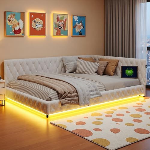 Yeutre Polsterbett Schlafsofa 140x200, Tagesbett Jugendbett mit LED und USB-Anschlüssen, Kinderbett Daybett Gästebett Bettgestell mit Lattenrost, ohne Matratze (Beige Teddy, 140 x 200 cm)