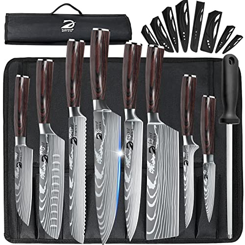 Dfito Chef Knife Sets with Roll Bag, 9 Pieces Professional Knife Set, High Carbon Stainless Steel Kitchen Chef Knife Set, Red Pakkawood Handle, Dishwasher Safe