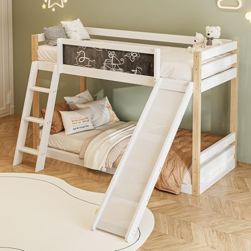 Kayan Etagenbett 90x200 & 90×190 cm, Hochbett mit Rausfallschutz, Treppe und Rutschen, Kinderbett mit Tafel und Lattenrost, Doppelbett für Kinder, ohne Matratze, Weiß