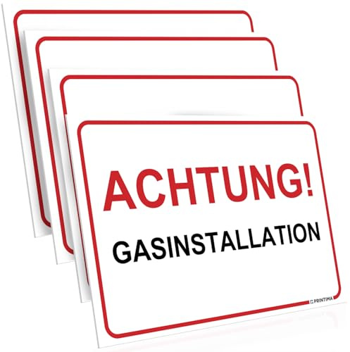 PRINTIMA 4er Set PVC Schild „ACHTUNG! GASINSTALLATION“ 32x21 cm – Warnschild mit Montagedübeln – Sicherheitskennzeichnung für Gasleitungen, Technikräume und Anlagen innen & außen
