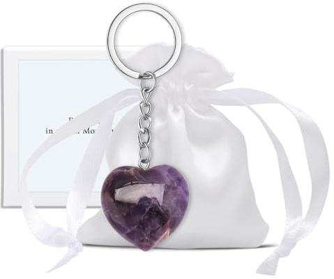 WALLFID Handgefertigte Geschenkbox mit Herz-Schlüsselanhänger aus Edelstein, Rosenquarz Aventurin Amethyst, Persönliche Botschaft, Geschenkbox für besondere Momente