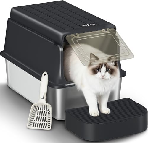 Fobyfurny Katzenklo Edelstahl, XXL Katzentoilette, 60x40x38,5cm, Schwarz | Geschlossene Groß Katzenklo, mit Schaufel und Fußstufe, 120° Klappdeckel, Herausnehmbar, Leicht zu Reinigen FPLB001SB1