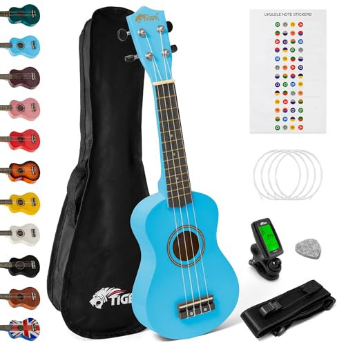 TIGER UKEKIT-BL Pacchetto Ukulele per principianti, Ukulele soprano, accordatore, tracolla, adesivi, corde di ricambio e plettro in feltro - Blu