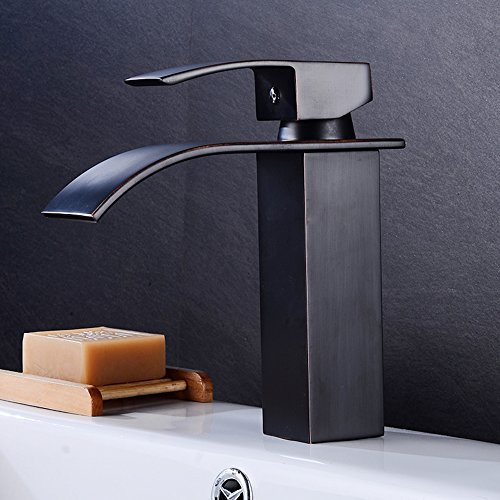 Wrighteu Waschtischarmatur Waschbeckenarmatur mit Wasserfall Wasserhahn Bad Mischbatterie Badarmatur für Waschbecken Spültisch Badezimmer Hoch aus Messing (Nieder Auslauf, Schwarz)