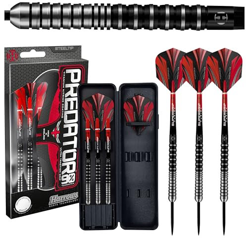 Harrows Predator 90% Wolfram-Dartpfeile in Schwarz und Silber | Darts-Set mit Stahlspitze | 21g, 22g, 23g, 24g, 25g & 26g | Enthält Supergrip Fusion Shafts und 100 Micron Predator Flights (21g)