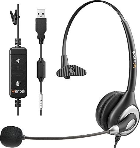 Wantek Auriculares 601N con micrófono, Auriculares Mono con micrófono de reducción de Ruido, Auriculares USB/Tipo-C para teléfonos Inteligentes de tabletas de computadoras portátiles