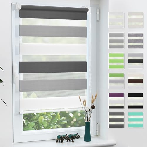 Grandekor Doppelrollo Klemmfix ohne Bohren 55x120 cm (Stoffbreite 55 cm) | Weiß-Grau-Anthrazit Fenster Rollos für innen Klemmrollos Duo Rollo Sichtschutz Hitzeschutz feuchtbeständig einfache Montage