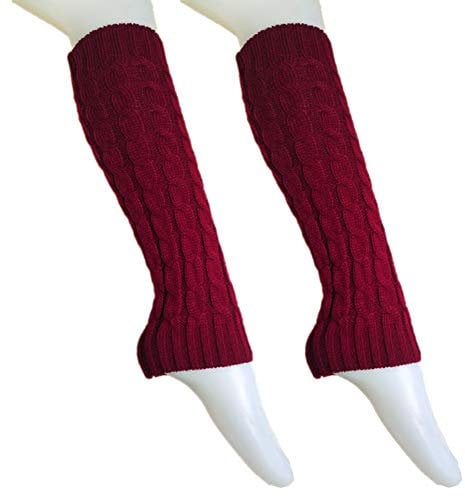 Soft Adult Casual Socks,Women Solid Color Winter Warm Cable Knit Leg Warmers Knitted Crochet Long Socks - Wine Red