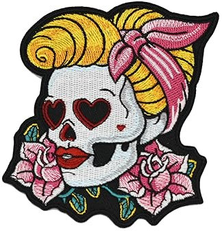 Aufnäher zum Aufbügeln, bestickt, Motiv: Totenkopf, Pin-up, Sugar Skull, Aufbügler, Rockabilly, 10 cm