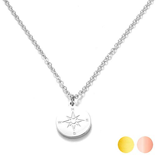 Kim Johanson Edelstahl Damen Halskette *Kompass* in Silber, Gold & Roségold mit einem Anhänger Travel Boho Schmuck Multilayer Kette verstellbar inkl. Schmuckbeutel (Silber)