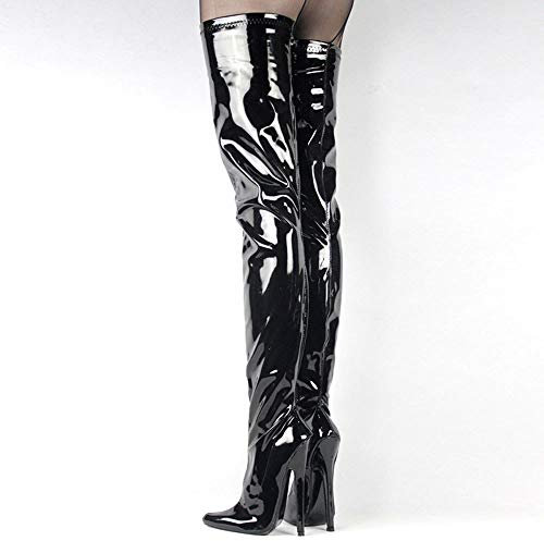 TIKENBST Tacchi Donna Stivali Alti alla Coscia Tacchi A Spillo 18CM Stivali Lunghi con Cerniera sopra Il Ginocchio Laccati,Black-44