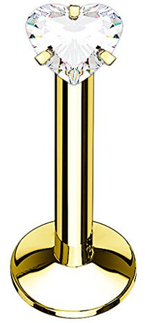 Piercing Stab Stecker Lippenpiercing Ohrpiercing Labret Lippe Ohr Tragus Helix Platte mit Kristall Glitzer Strass Stein Klein Herz Gold 6mm