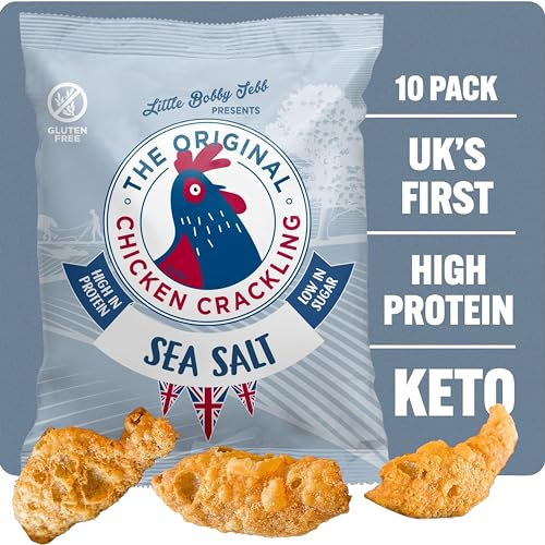 Chicken Crackling Hand Cooked Snack. NEW Double Cooked Recipe, Sea Salt Flavour. Low Carb, High Protein, Keto, Gluten Free Alternative to Pork Scratchings. 10x 40g Bags