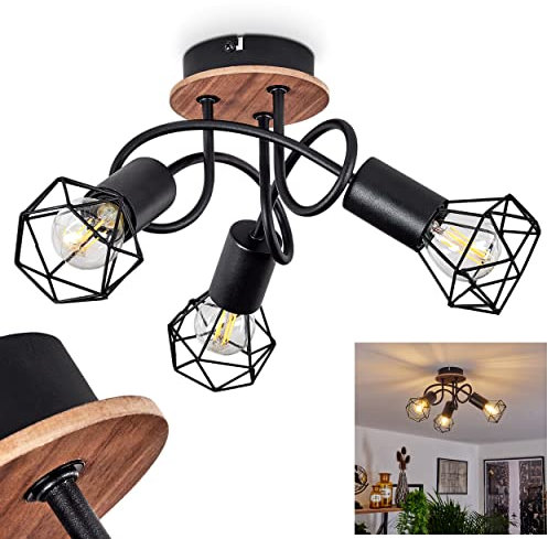 Deckenleuchte Baripada, moderne Deckenlampe aus Metall/Holz in Schwarz/Natur, Leuchte mit Gitterschirmen und Lichteffekt an der Decke, 3-flammig, 3 x E14, ohne Leuchtmittel