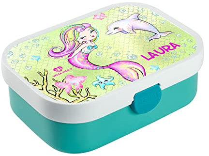 wolga-kreativ Personalisierte Kinder Mepal Campus Kinder Brotbüchse Meerjungfrau Delfin für Mädchen Vesperdose mit Fächern und Unterteilung als Geschenk zur Einschulung, Schule, Kindergarten