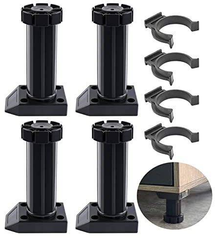 4 pcs Adjustable Height Plastic Cabinet Feet Leg, Kick Board Clips, Plinth Furniture Feet Levelling Foot, for Table Cabinet Workbench Kitchen Bathroom(Color:black,Size:10-14 cm)